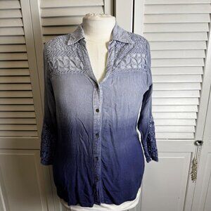 VINTAGE STUDIO WEST APPAREL WOMENS BLUE OMBRE LACE BUTTON UP COLLARED BLOUSE